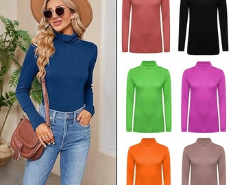May include: A set of six long-sleeved turtleneck shirts in various colours, including coral, black, green, pink, orange, and brown.