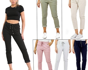 Womens ladies Italian Magic Trousers Turn up Stretch Lightweight Jogger Casual Pants | Lagenlook Trousers Joggers Pant