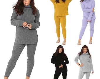 Ladies Chunky Knitted Loungewear Women's Polo High Neck Top Leggings Suit Set UK