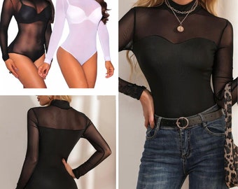 Womens Ladies Turtle Polo Neck Sheer Mesh Long Sleeve Leotard Shirt Bodysuit Top