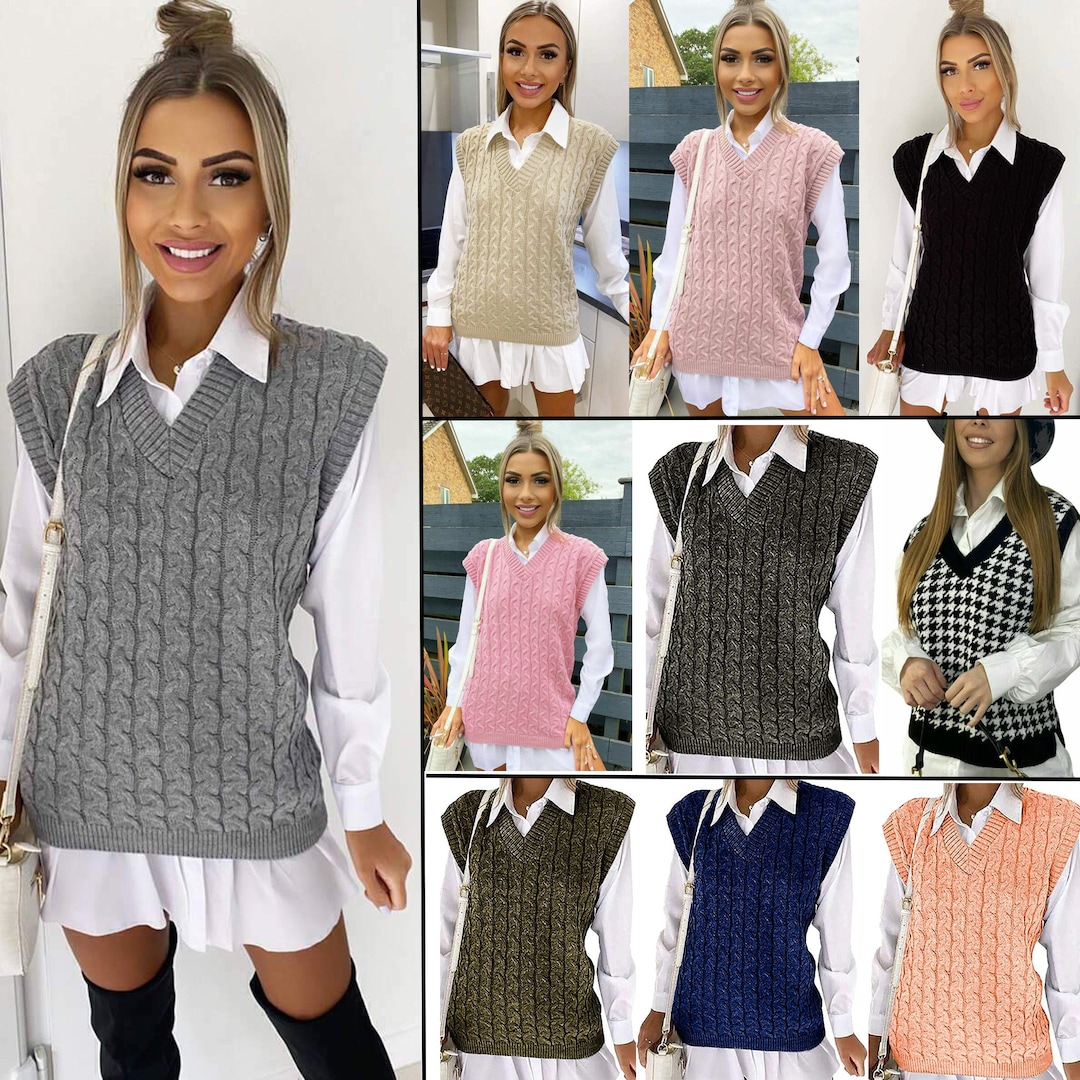 Womens Ladies Cable Knit Sleeveless Vest Knitted Jumper Tank Top Winter