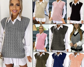 Womens Ladies Cable Knit Sleeveless Vest Knitted Jumper Tank Top Winter Sweaters