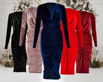 Women's Crushed Velvet Party Long Sleeves Front Ladies Ruched Midi Dress