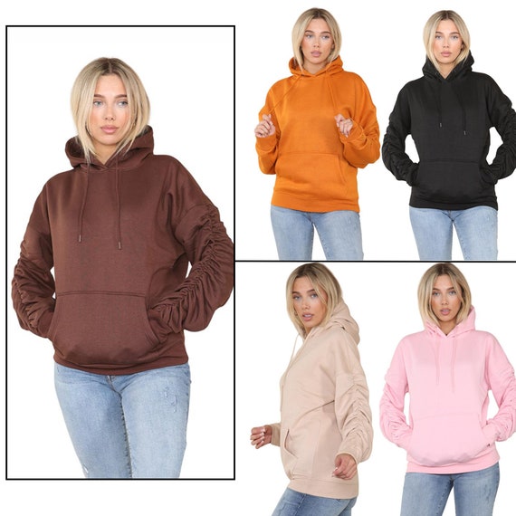Women s Ruched Sleeve Baggy Oversized Hoodie Ladies Hooded Sweatshirt Jumper Top Etsy UK