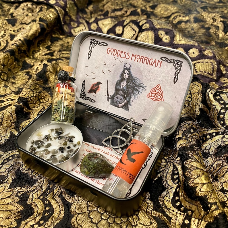 Morrigan Altar Tin, Triple Moon Goddess Shrine Tin, The Morrigan Offering Altar, Witchcraft box, Goddess decor, Witch Gift, Pagan, Wicca image 4