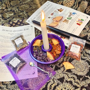 May include: A purple offering bowl with a lit candle, surrounded by crystals, dried fruit, and small bags labelled "Tiger Eye", "Amethyst", and "Red Jasper". A silver spoon and printed instructions are also present.