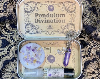Pendulum Divination Kit with Crystal Pendulum, Divination Board and Reading Guide, Witch Gift, Wicca, Pagan