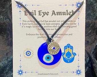 Blue Glass Evil Eye Necklace, Adjustable Silk Cord, Protection Amulet