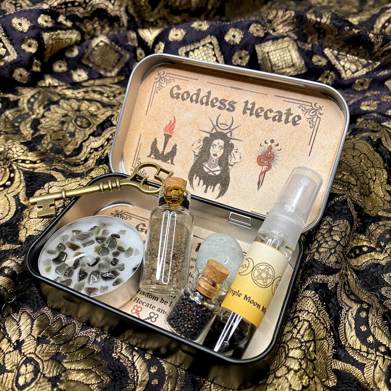 Hekate Altar Tin, Triple Moon Goddess Hekate Shrine Tin, Hecate Altar Offering, Witchcraft box, Goddess decor, Witch Gift, Hellenism, Wicca image 7
