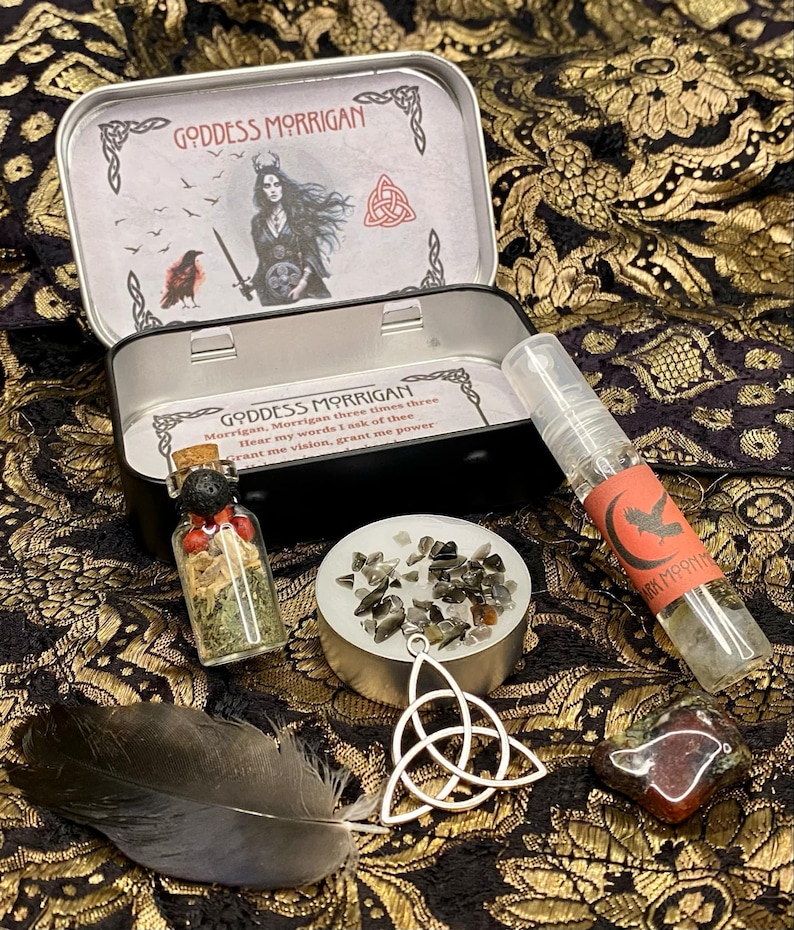 Morrigan Altar Tin, Triple Moon Goddess Shrine Tin, The Morrigan Offering Altar, Witchcraft box, Goddess decor, Witch Gift, Pagan, Wicca image 2