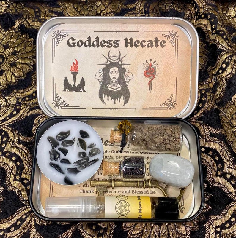 Hekate Altar Tin, Triple Moon Goddess Hekate Shrine Tin, Hecate Altar Offering, Witchcraft box, Goddess decor, Witch Gift, Hellenism, Wicca image 2