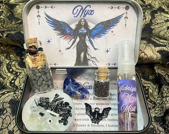 Lata de altar de la diosa Nyx, santuario de brujería, decoración helenística