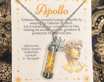 Apollo Talisman Necklace, Apollon Crystal Spell Jar Necklace, Protective Talisman, Apollo Jewelry, Witch Jewellery, Hellenism, Pagan, Wicca