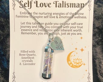 Self Love Talisman Necklace, Rose Quartz Amethyst Crystal Spell Jar