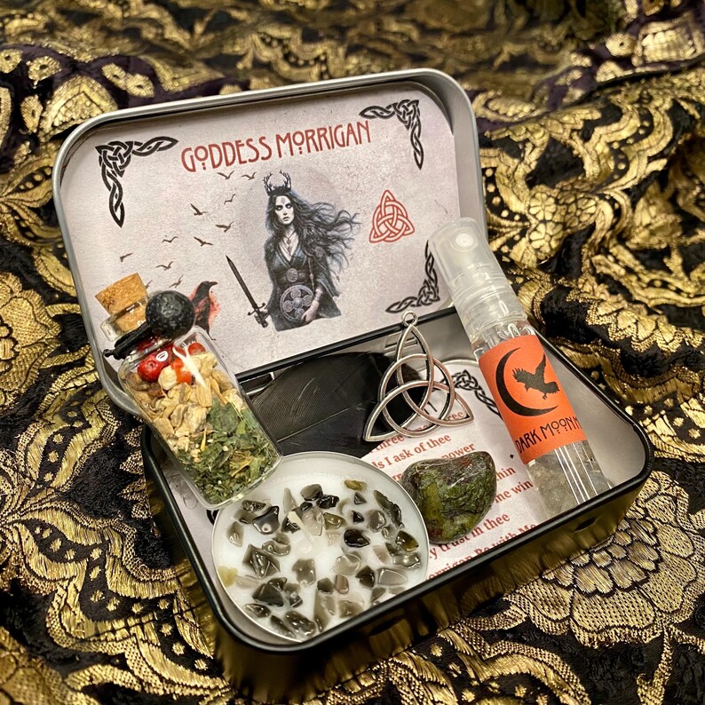Morrigan Altar Tin, Triple Moon Goddess Shrine Tin, The Morrigan Offering Altar, Witchcraft box, Goddess decor, Witch Gift, Pagan, Wicca image 5