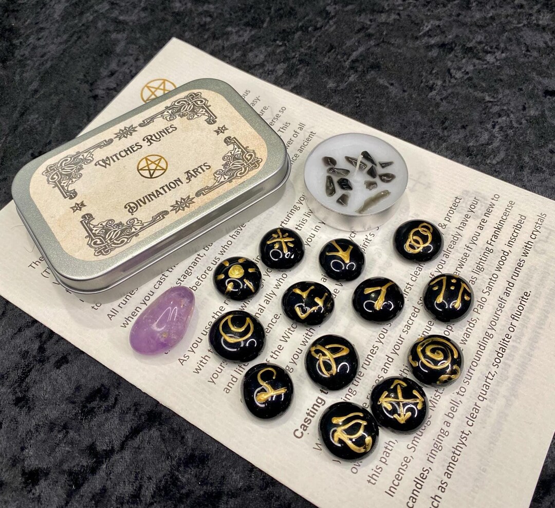 Witches Runes in Portable Tin With Reading Instructions & Guide, Black ...