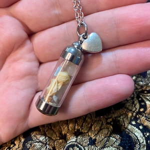 May include: A silver necklace featuring a clear glass vial pendant filled with dried flowers and small stones. A small silver heart charm hangs next to the vial. The necklace is displayed against a soft background.