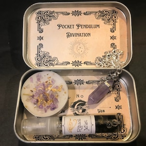 Witchcraft Pocket Pendulum Divination Kit, Altar Witch Tin, Crystal Pendulum, Pendulum Board, Amethyst Tealight & Obsidian Moon Water Spray