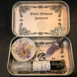 Witchcraft Pocket Pendulum Divination Kit, Altar Witch Tin, Crystal Pendulum, Pendulum Board, Amethyst Tealight & Obsidian Moon Water Spray