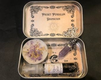 Witchcraft Pocket Pendulum Divination Kit, Altar Witch Tin, Crystal Pendulum, Pendulum Board, Amethyst Tealight & Obsidian Moon Water Spray