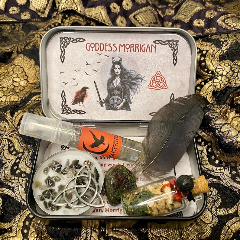 Morrigan Altar Tin, Triple Moon Goddess Shrine Tin, The Morrigan Offering Altar, Witchcraft box, Goddess decor, Witch Gift, Pagan, Wicca image 8
