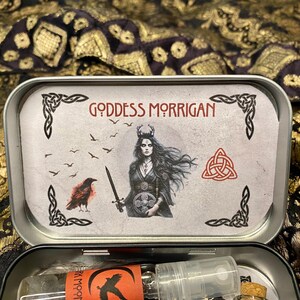 Morrigan Altar Tin, Triple Moon Goddess Shrine Tin, The Morrigan Offering Altar, Witchcraft box, Goddess decor, Witch Gift, Pagan, Wicca image 7