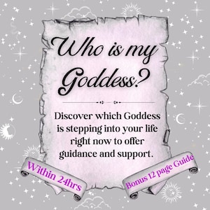 Peut inclure: Illustration numérique sur fond gris avec des étoiles, des lunes et des soleils. Le centre est un parchemin avec le texte "Who is my Goddess?" et "Discover which Goddess is stepping into your life right now to offer guidance and support."