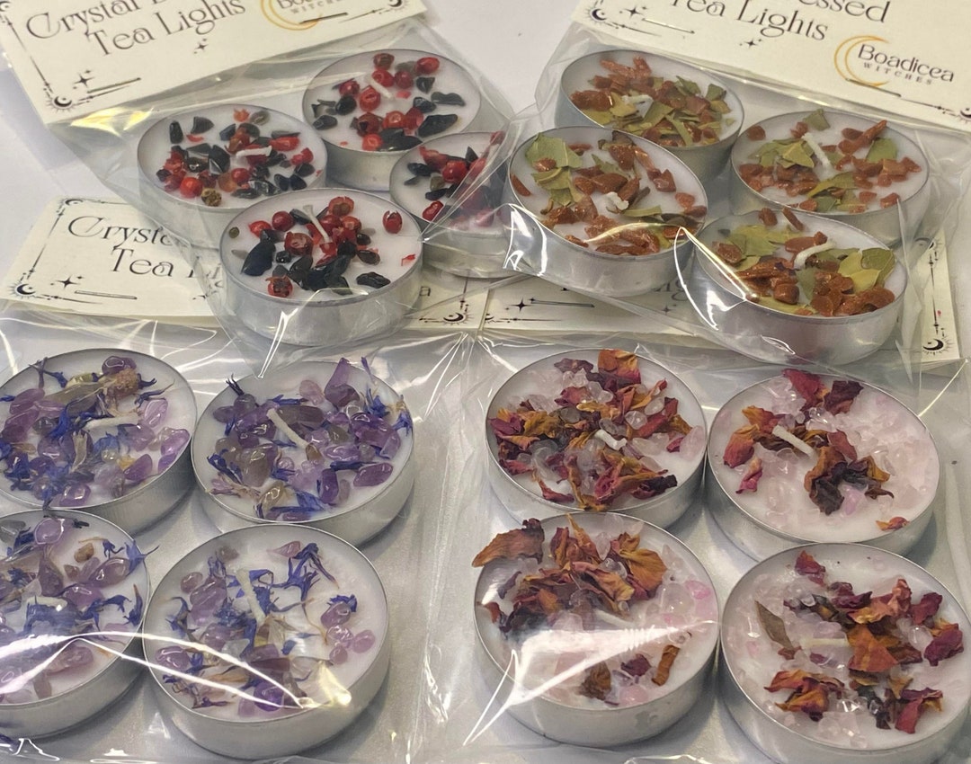 Four Crystal & Herb Dressed Tea Lights, Witchcraft, Love, Protection ...