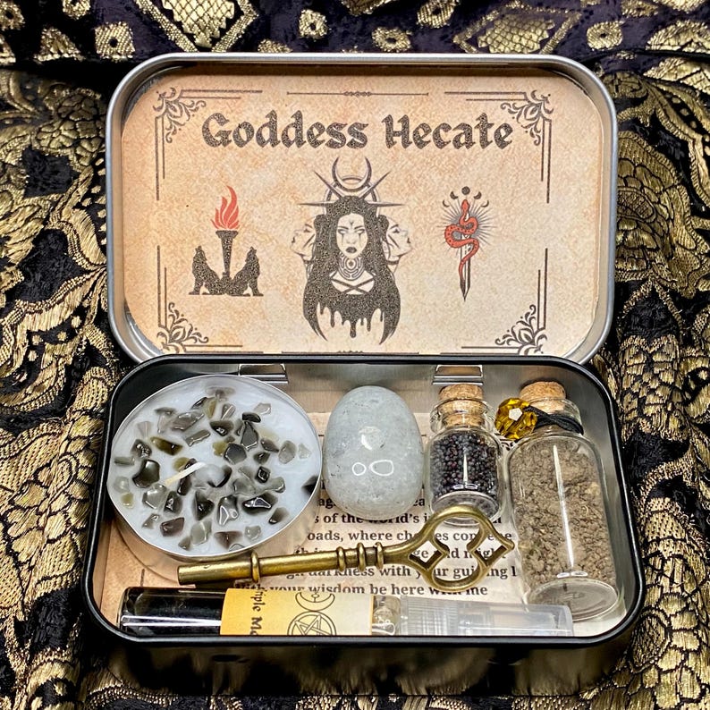 Hekate Altar Tin, Triple Moon Goddess Hekate Shrine Tin, Hecate Altar Offering, Witchcraft box, Goddess decor, Witch Gift, Hellenism, Wicca image 10