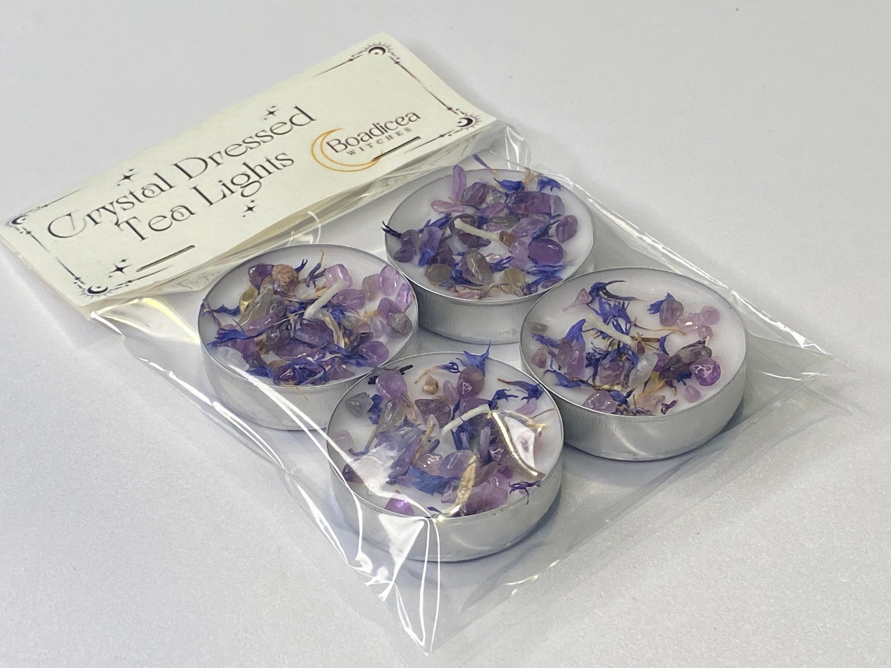 Four Crystal & Herb Dressed Tea Lights, Witchcraft, Love, Protection ...