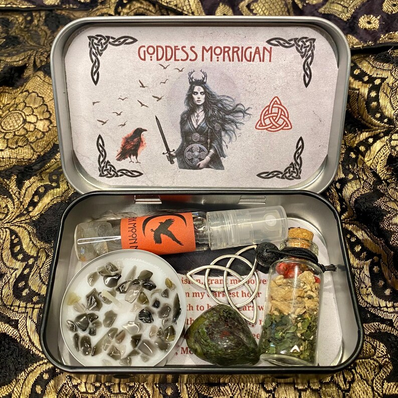 Morrigan Altar Tin, Triple Moon Goddess Shrine Tin, The Morrigan Offering Altar, Witchcraft box, Goddess decor, Witch Gift, Pagan, Wicca image 6