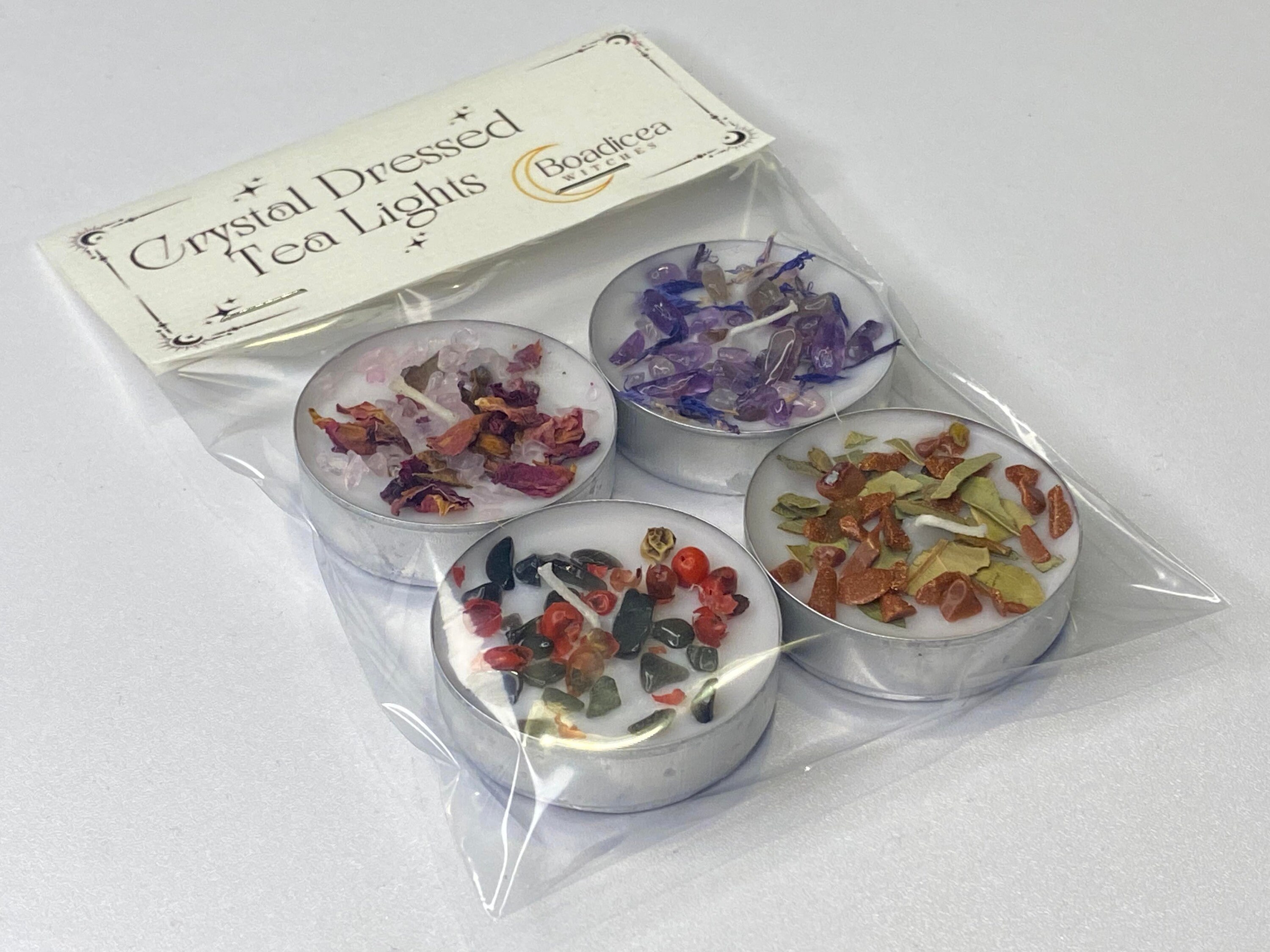 Four Crystal & Herb Dressed Tea Lights, Witchcraft, Love, Protection ...