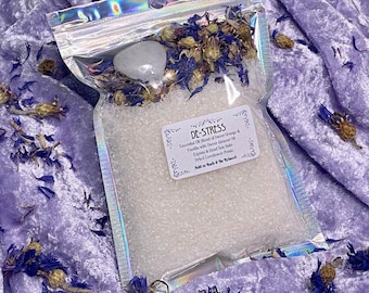 De-Stress Aromatherapy Bath Salts with Crystal, Natural & Calming, Spa Gift Set, Ritual Healing Soak Salts Pouch, Relaxing Gift for Her