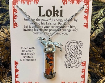Loki Talisman Necklace: Red Jasper, Obsidian Crystal Spell Jar Pendant, Norse, Wicca, Witch