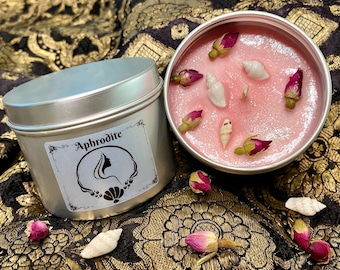 Aphrodite Goddess Candle, Rose and Floral Scented, Rose Buds and Seashells