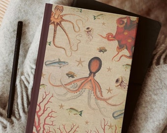 Octopus notebook. Aquatic marine underwater journal. Vintage aesthetic style. A5 size high quality matte hardcover journal.