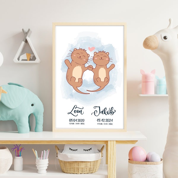 Geburtsposter Zwillinge / Geschwister mit Otter -  individuelles Geschenk zur Geburt – personalierbare Wanddeko fürs Baby und Kinderzimmer