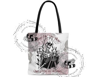 Dark Romance Quotes, Skulls, and Floral Digital File | 19.5x39 Inch Tote Bag Design | "Falling For the Villain, One Page at a Time"