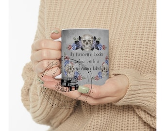 Dark Romance Quotes Skulls Floral 11oz Coffee Mug Design - Instant Digital Download - "My favorite books come with a warning label"