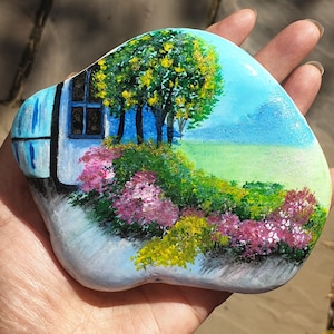 Hand-Painted Santorini Rock: Mediterranean Garden Decor Art