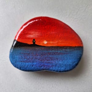 Hand-Painted Sunset Beach Rock: Lighthouse Scenic Art