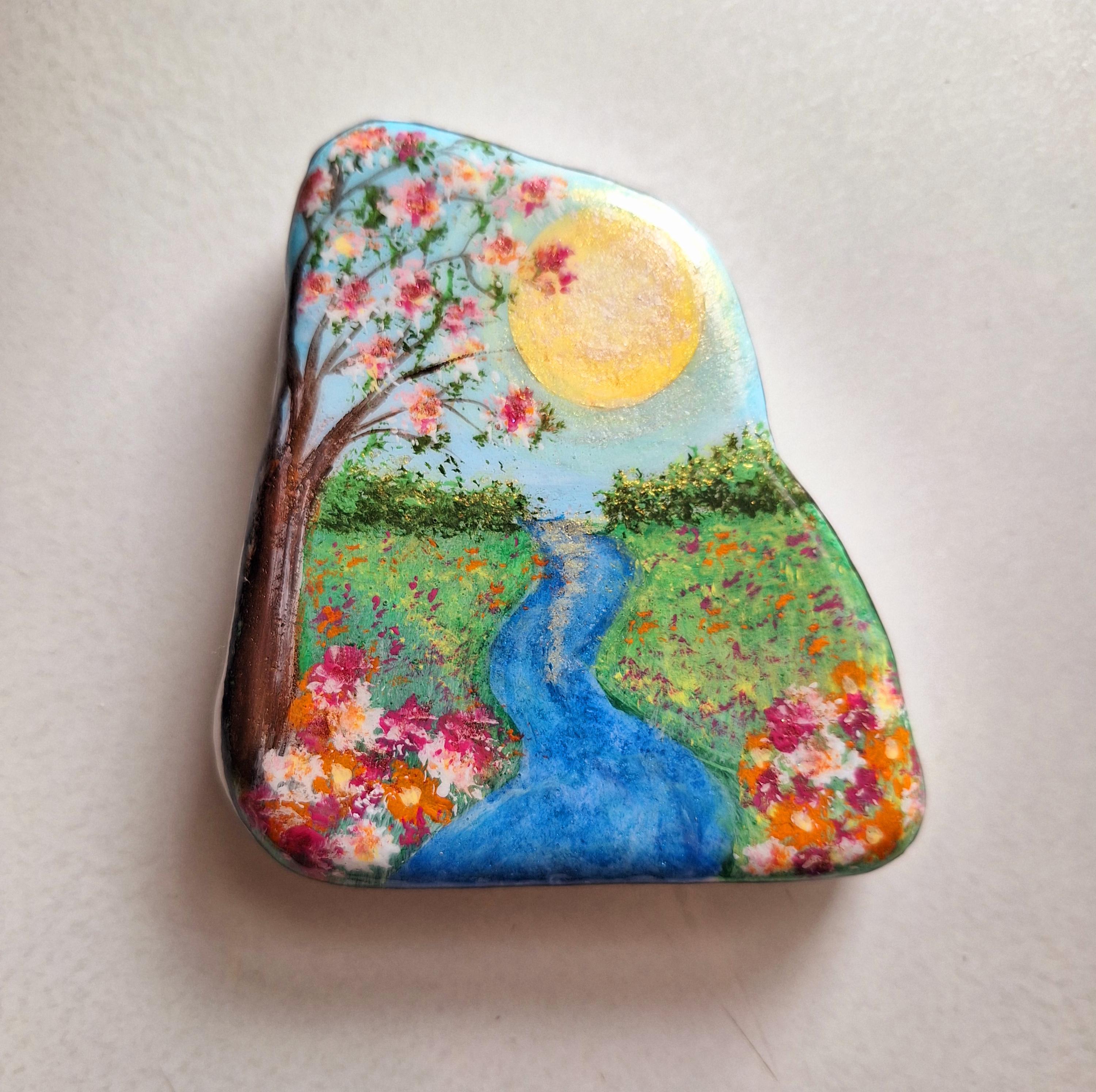 Freestanding Painted Marble Rock – Spring Season Scene with Blossoming Tree and Sun