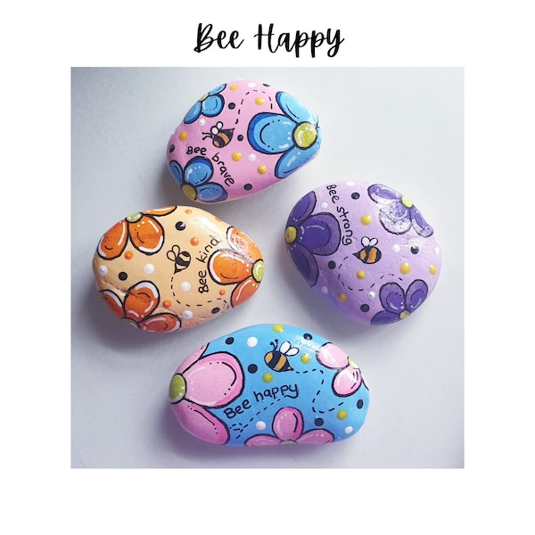 Rock Painting Tutorial - Step By Step Guide, DIY Craft Instructions, Easy Rock Painting Ideas, Creative Art Project, Bee Happy Rock