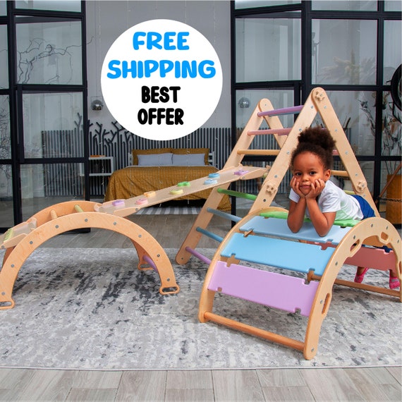 Wooden Toddler Climber Arch, Pikler Triangle, Waldorf Rocker Toys for Toddlers 1-3 (Rainbow)