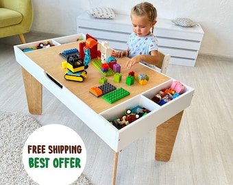 Table d'activités pour enfants, table en briques de construction avec rangement, table de blocs de construction, table train, bureau pour enfants, table d'art, salle de jeux, table pour enfants