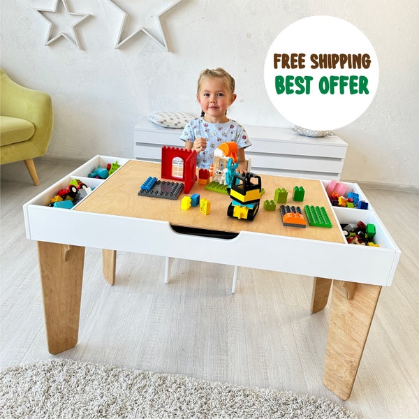 Table d'activités pour enfants, table en briques de construction avec rangement, table de blocs de construction, table train, bureau pour enfants, table d'art, salle de jeux, table pour enfants