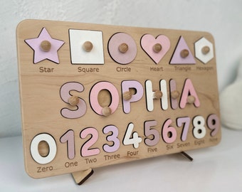 Personalized, Educational Toys Gifts, Wooden Name Puzzle With Numbers and Shapes, Custom Wooden Name Puzzle for Toddlers, Best Baby Gift