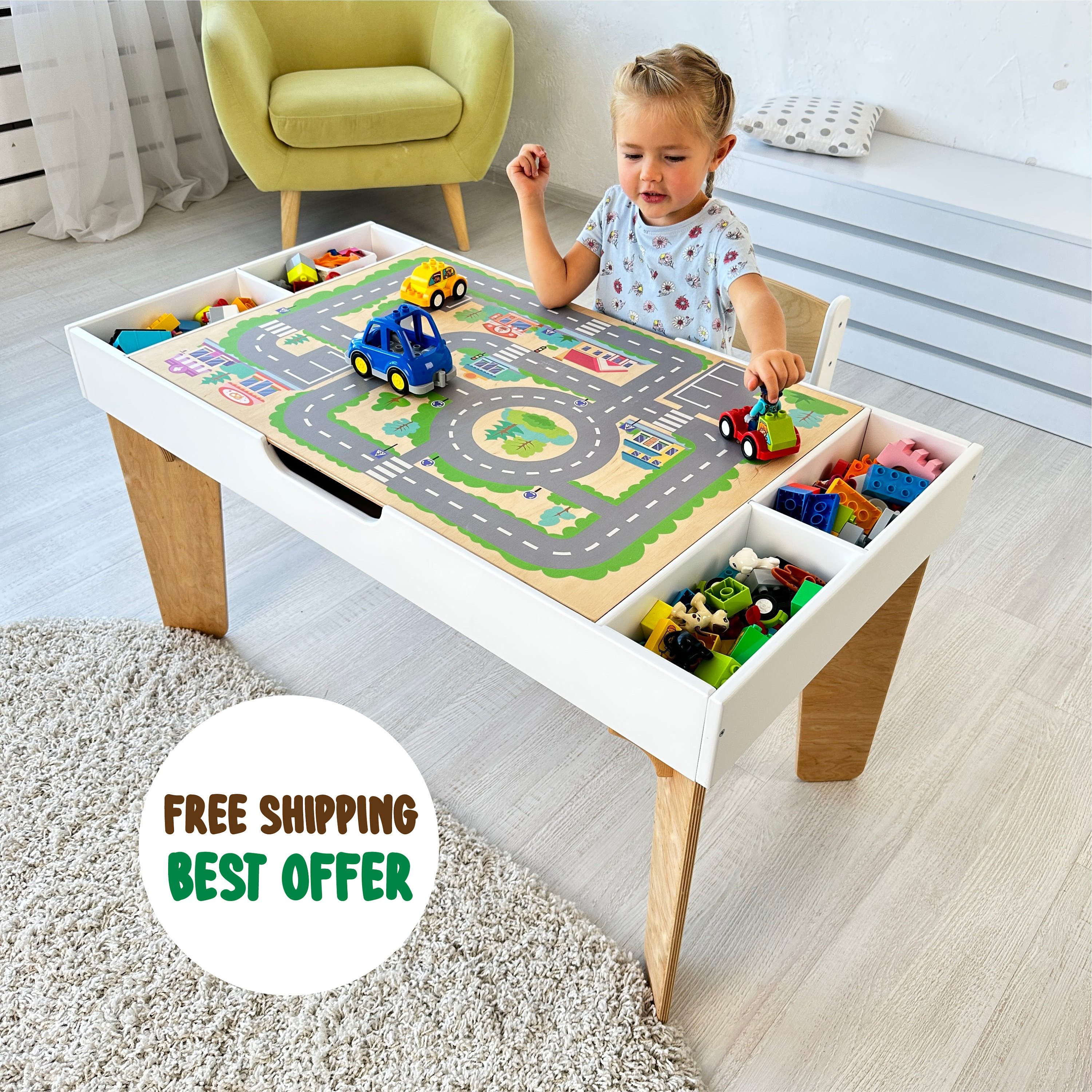 Kids Art Table and 2 Chairs, Wooden Drawing Desk, Activity & Crafts,  Children's Furniture, 42x23 