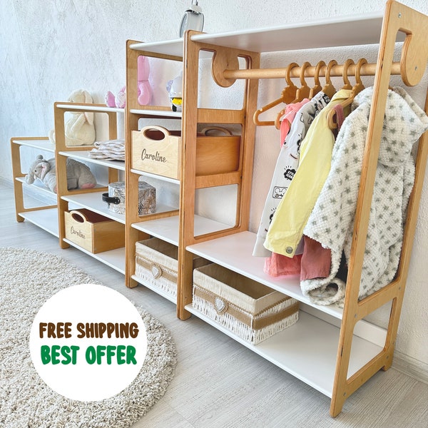 Montessori toy shelf, Kids toy storage, Set of 3 Shelves and wardrobe, Kids open shelf, kids furniture, Montessori shelves, playroom