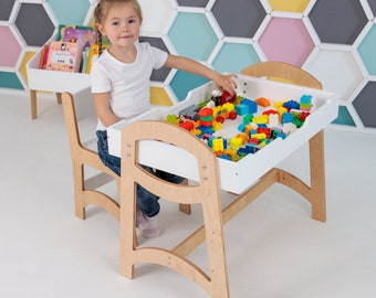 Bausteine-Tisch mit Stauraum und Stuhl, Bausteine-Tisch, Sinnestisch, Kinderschreibtisch, Kleinkindertisch, Spielzimmermöbel, Lego-Tisch